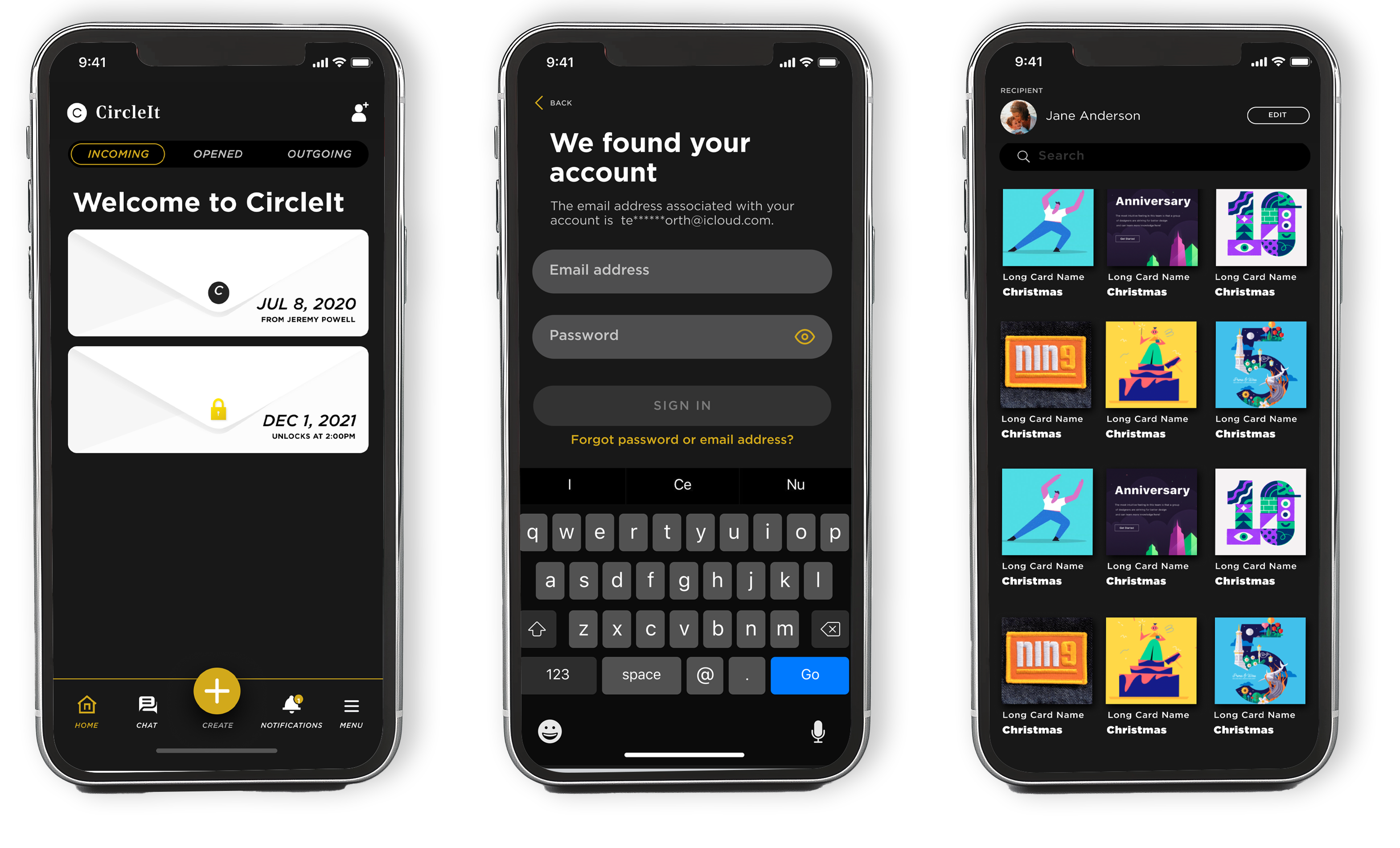CircleIt mobile app screens showing onboarding flow and family tree builder
