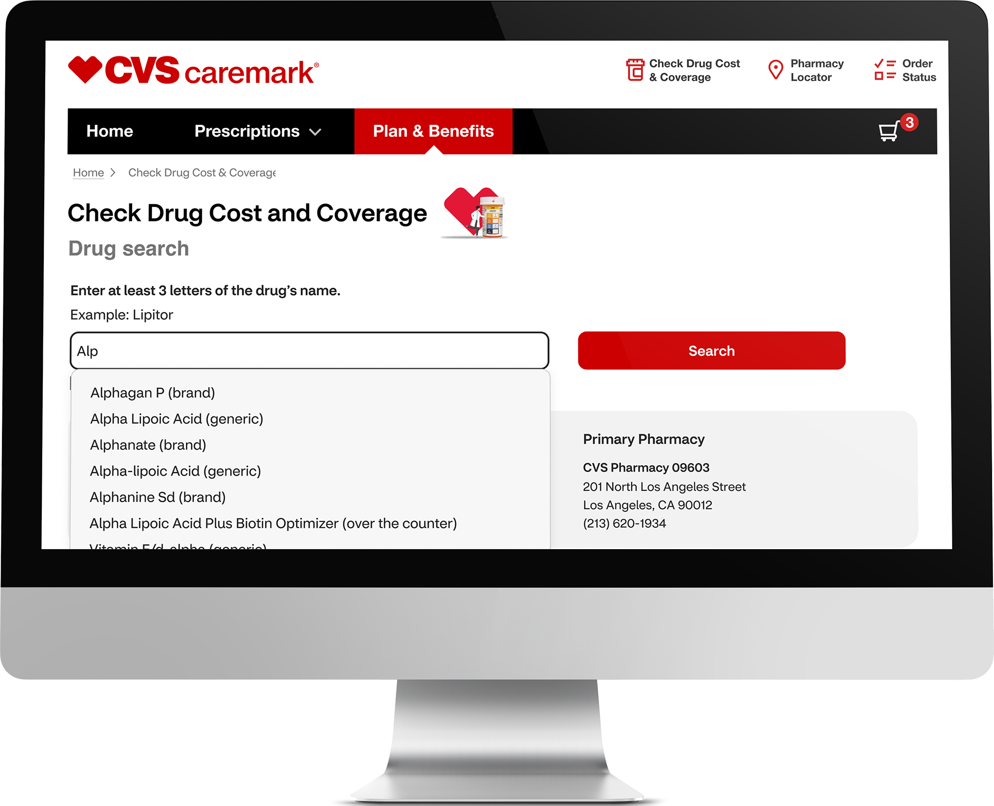 CVS Caremark desktop web application displaying drug pricing comparison on a monitor