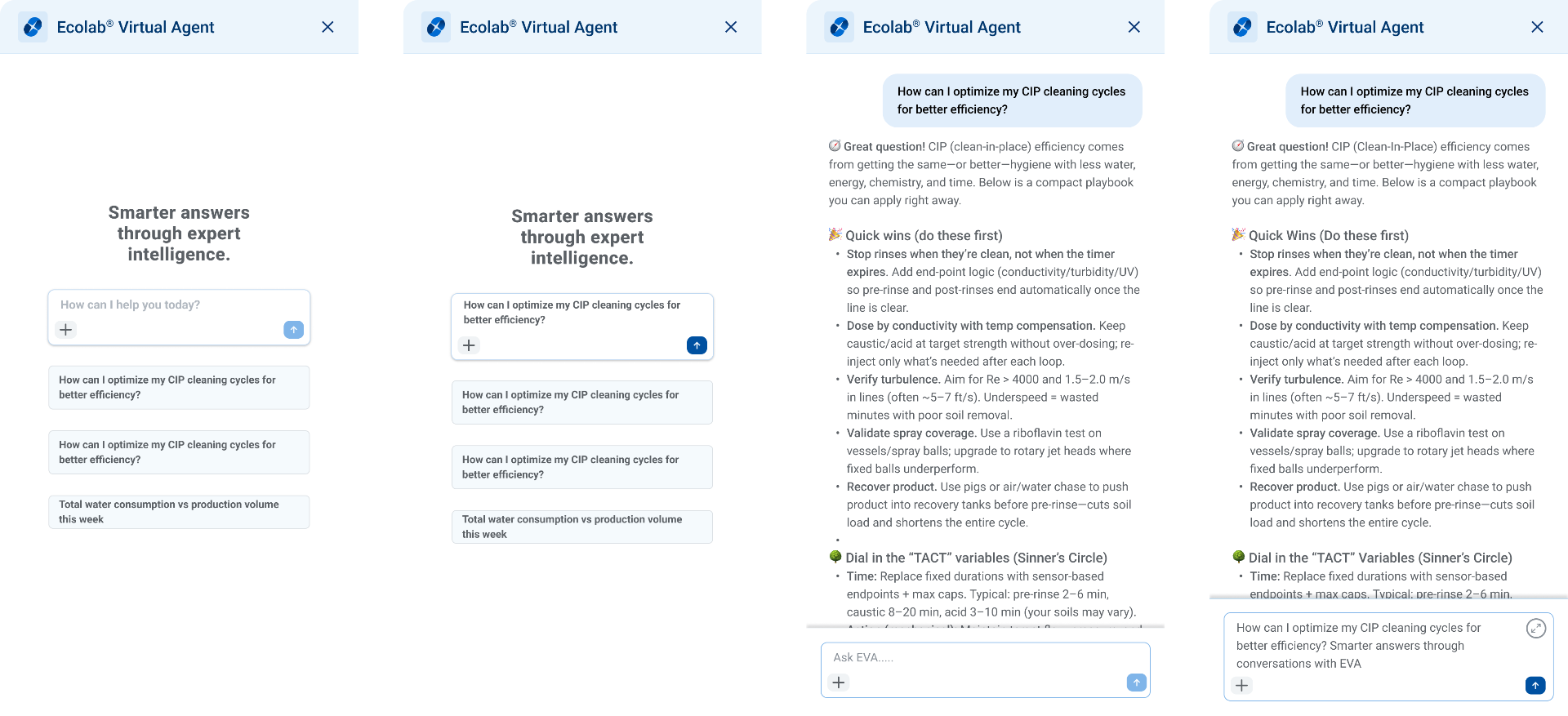 Ecolab Virtual Agent (EVA) conversational AI interface showing CIP optimization guidance