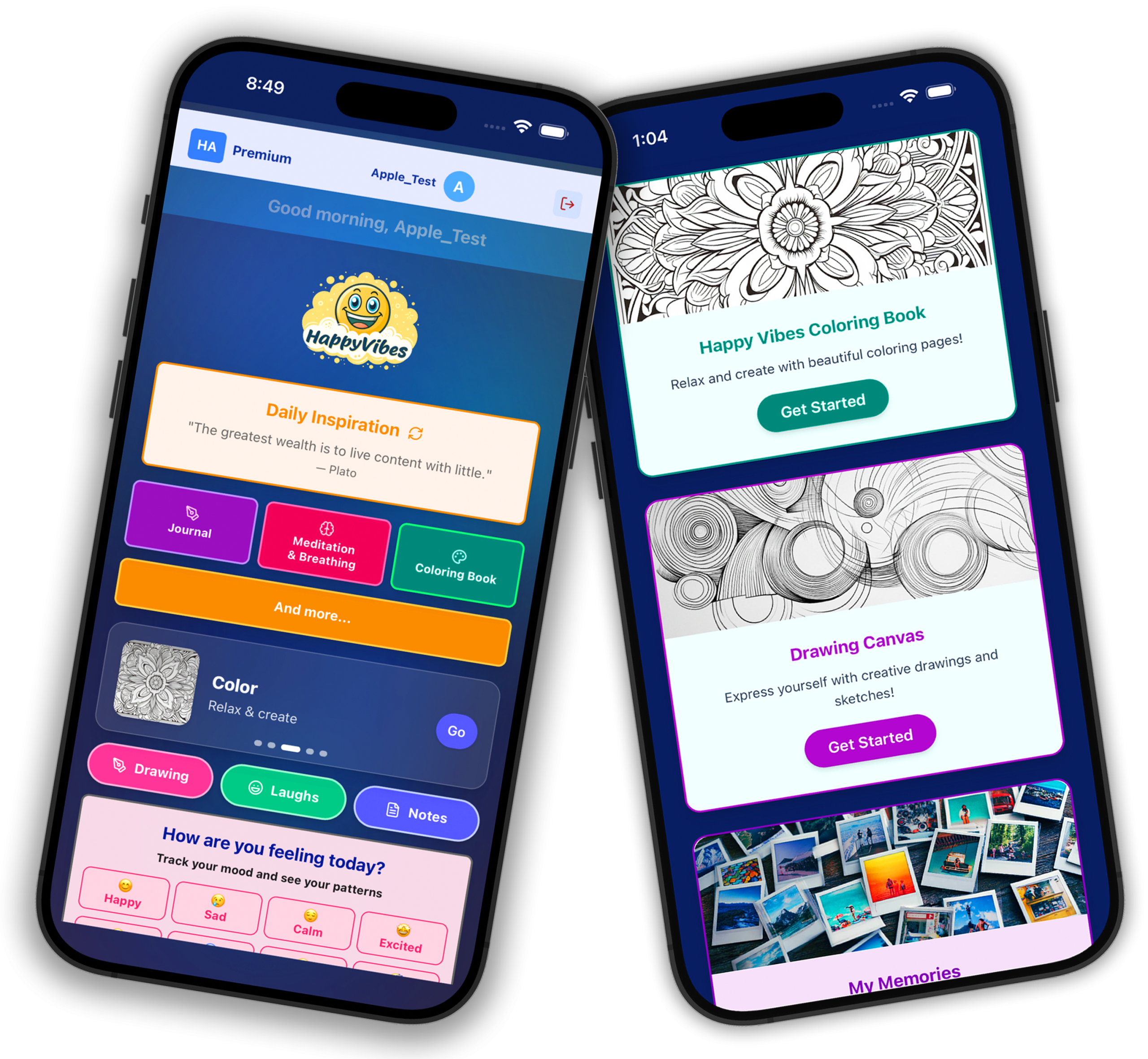 HappyVibes app showing two screens side by side with mood history and insights