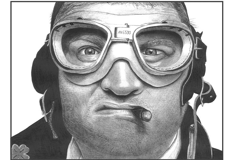 Portrait illustration rendered in graphite pencil showing detailed facial features and expression