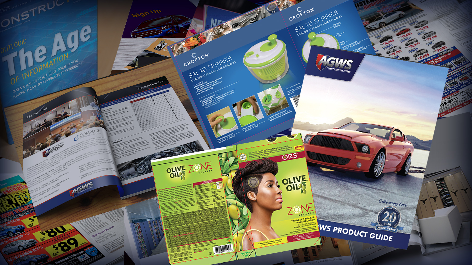 Print design showcase featuring packaging, promotional materials, and magazine layouts