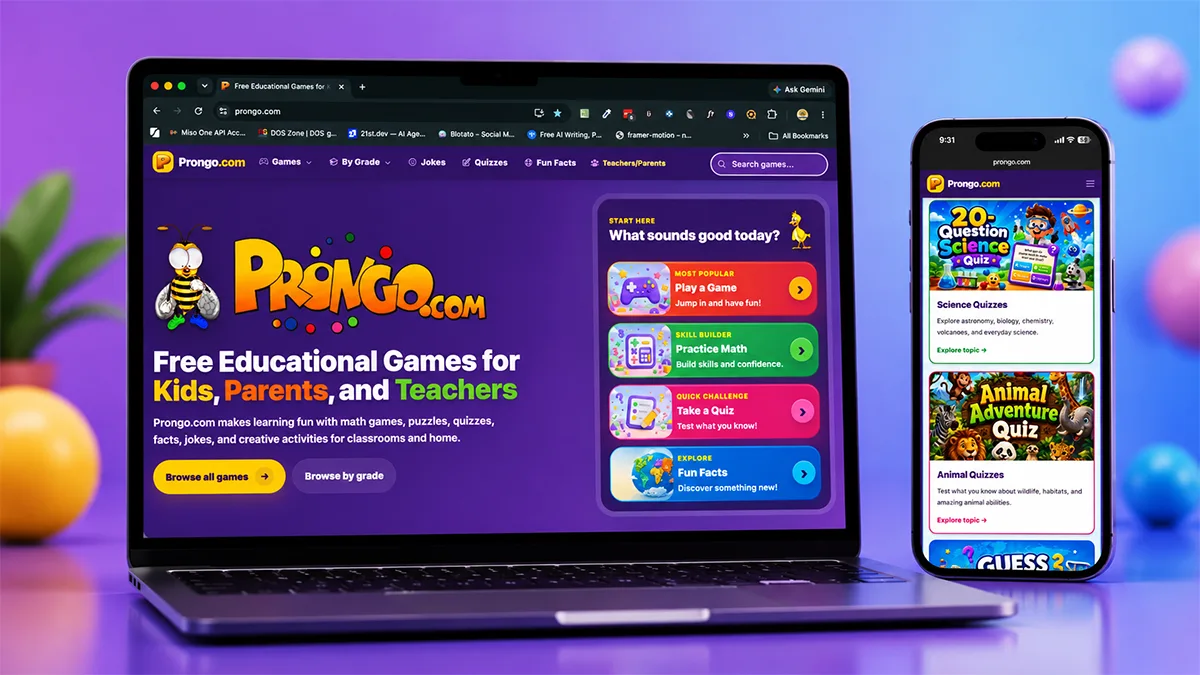 Redesigned Prongo.com homepage on desktop and mobile with grade-level categories and featured games