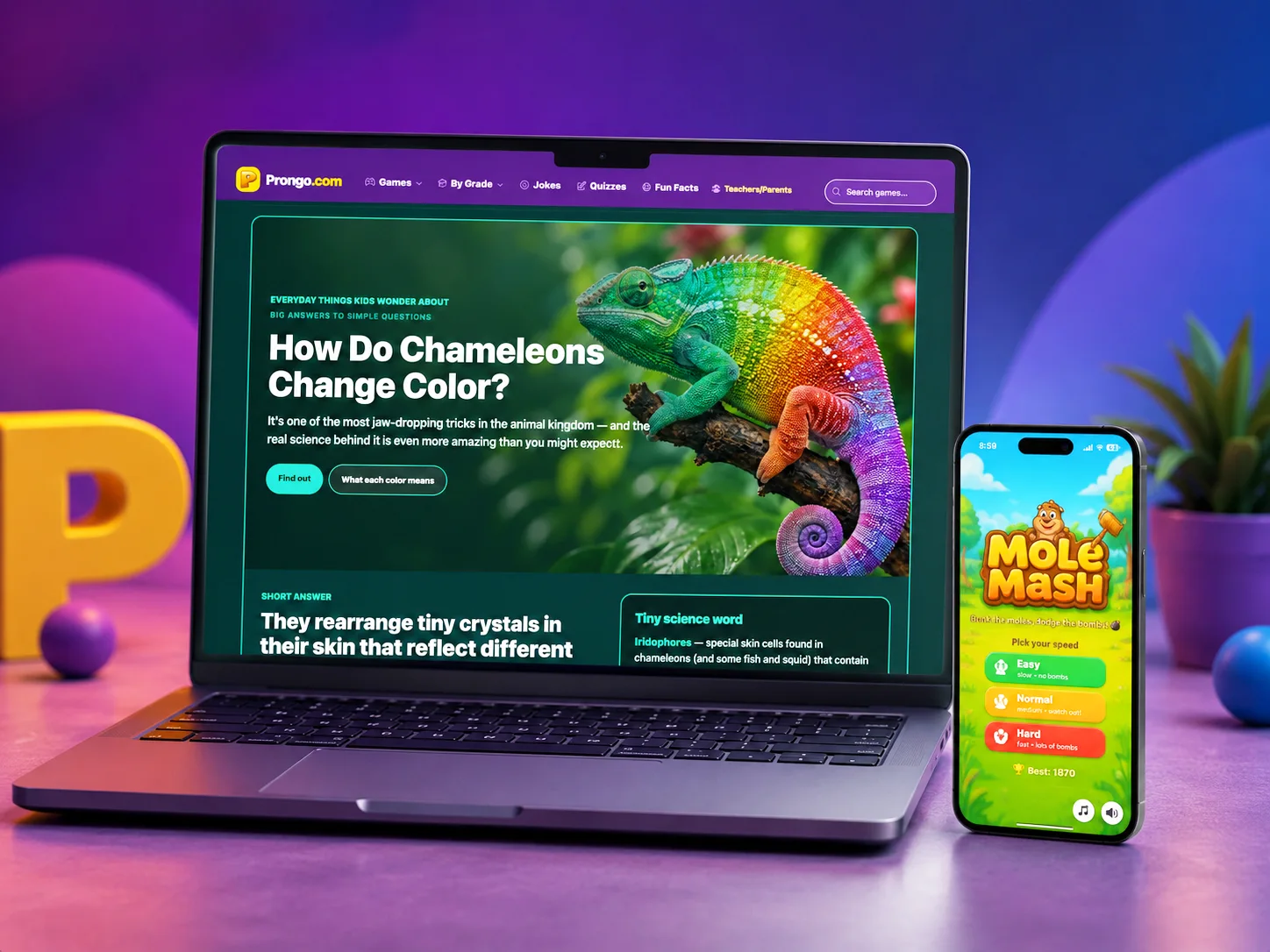 Redesigned Prongo.com on laptop and mobile showing the new homepage, grade categories, and featured games