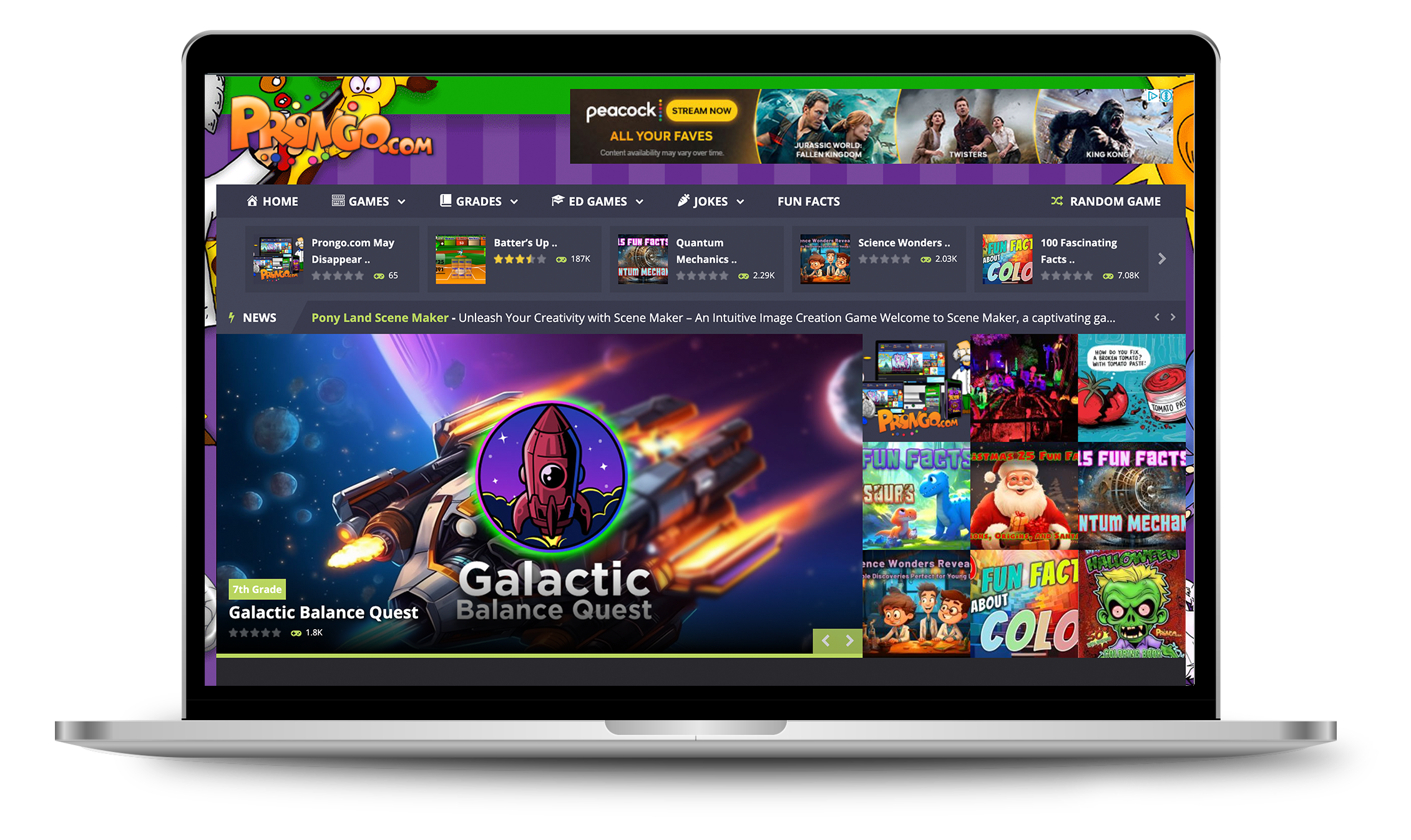 Legacy Prongo.com homepage screenshot showing older navigation and game grid