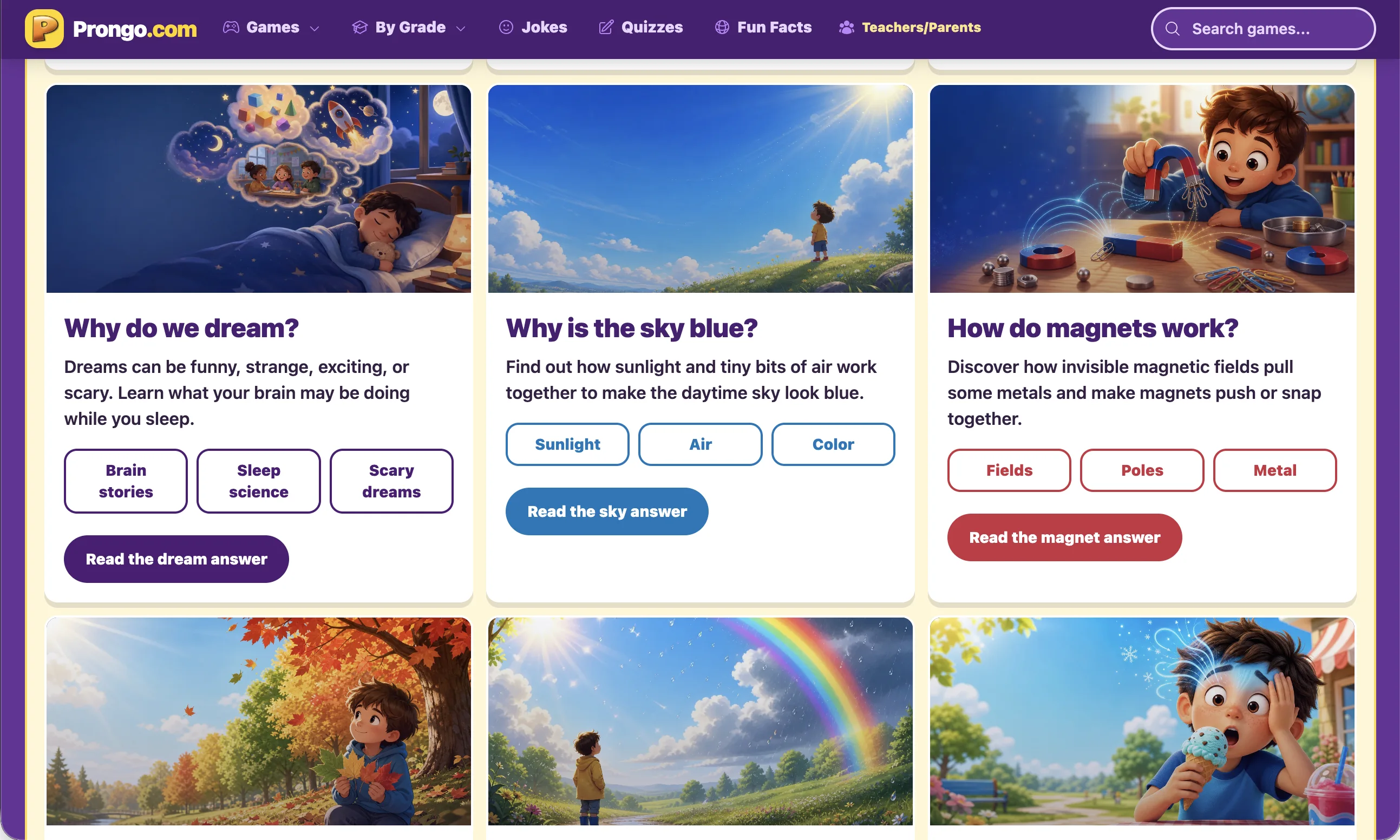 Redesigned Prongo.com games hub showing a colorful grid of educational quizzes and activities