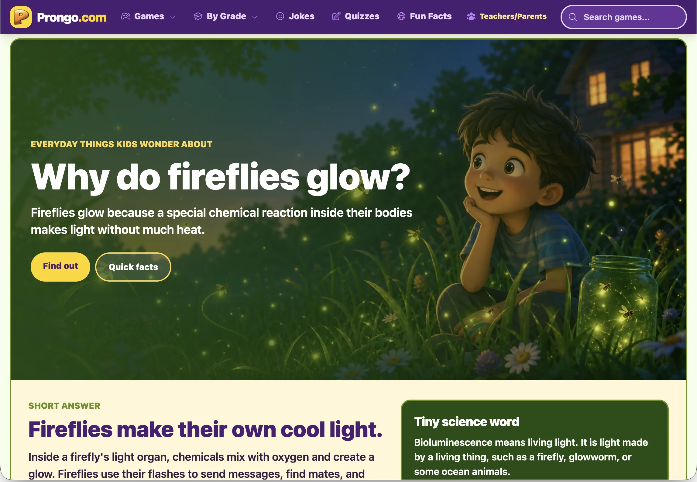 Redesigned Prongo.com fun facts page featuring kid-friendly science content about fireflies