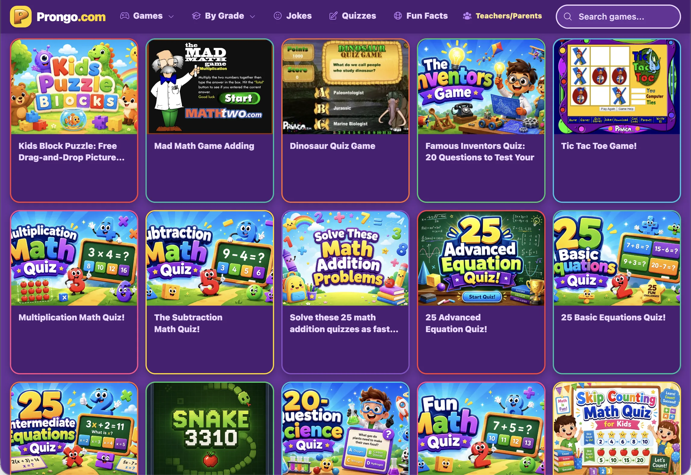 Redesigned Prongo.com fun facts and quiz cards with illustrated educational topics for kids