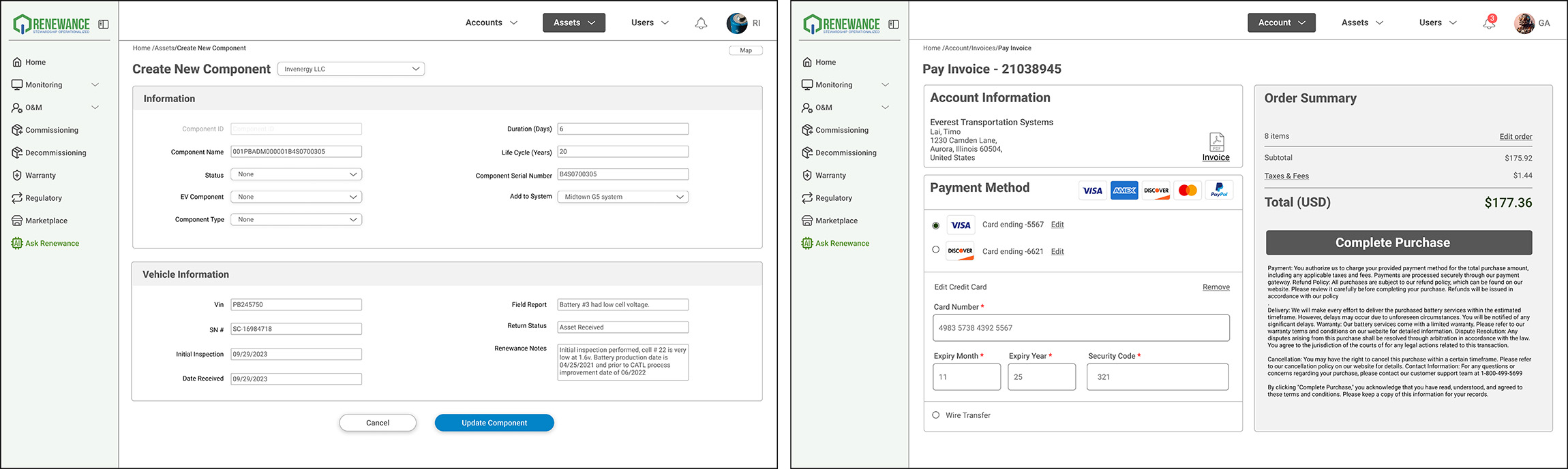 Renewance design system components including forms, buttons, and data tables