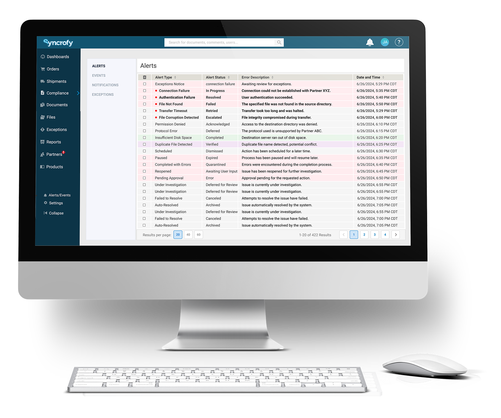 Syncrofy banking transaction module dashboard showing real-time file transfer monitoring