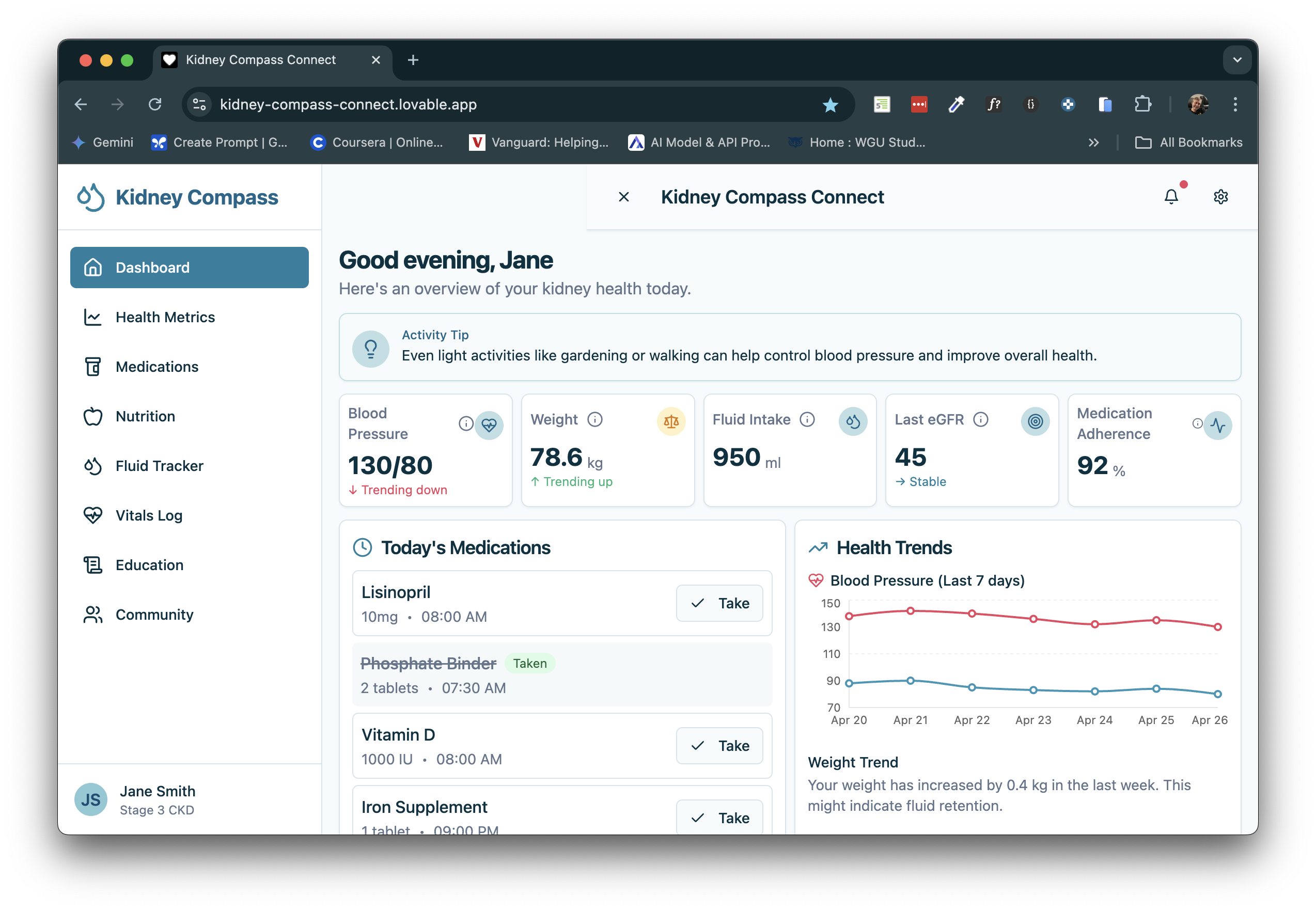 Kidney Compass web application showing health metrics dashboard with data visualization